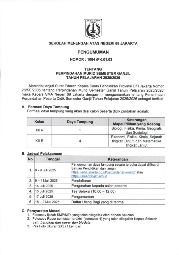 PERPINDAHAN MURID SEMESTER GANJIL TAHUN PELAJARAN 2025/2026