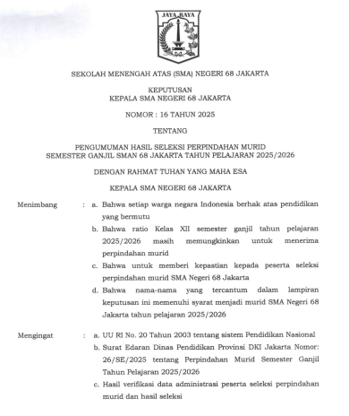 Pengumuman Hasil Perpindahan Murid Semester…